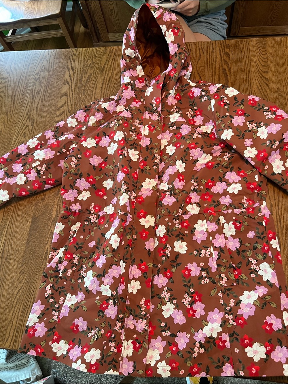 Lands' End Floral Hooded Trench Coat in Brown with Pink & Red Flowers